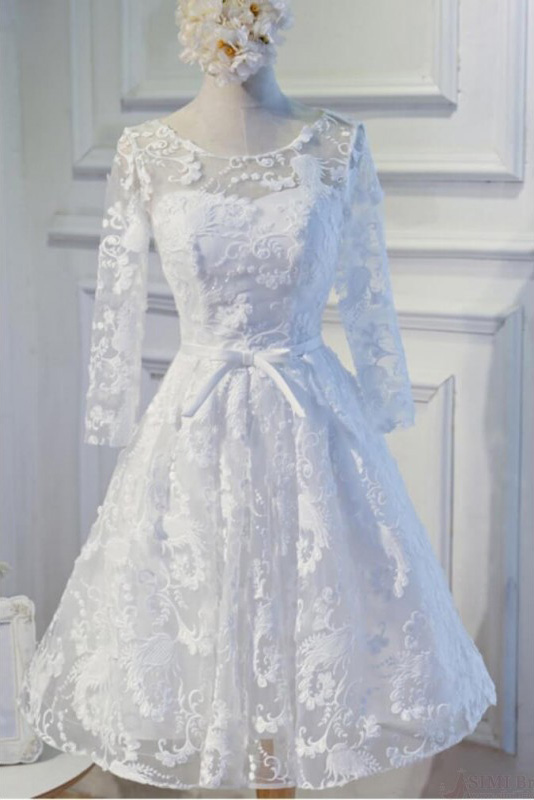 Long Sleeve White lace tight special Rehearsal homecoming prom dresses, BD00175