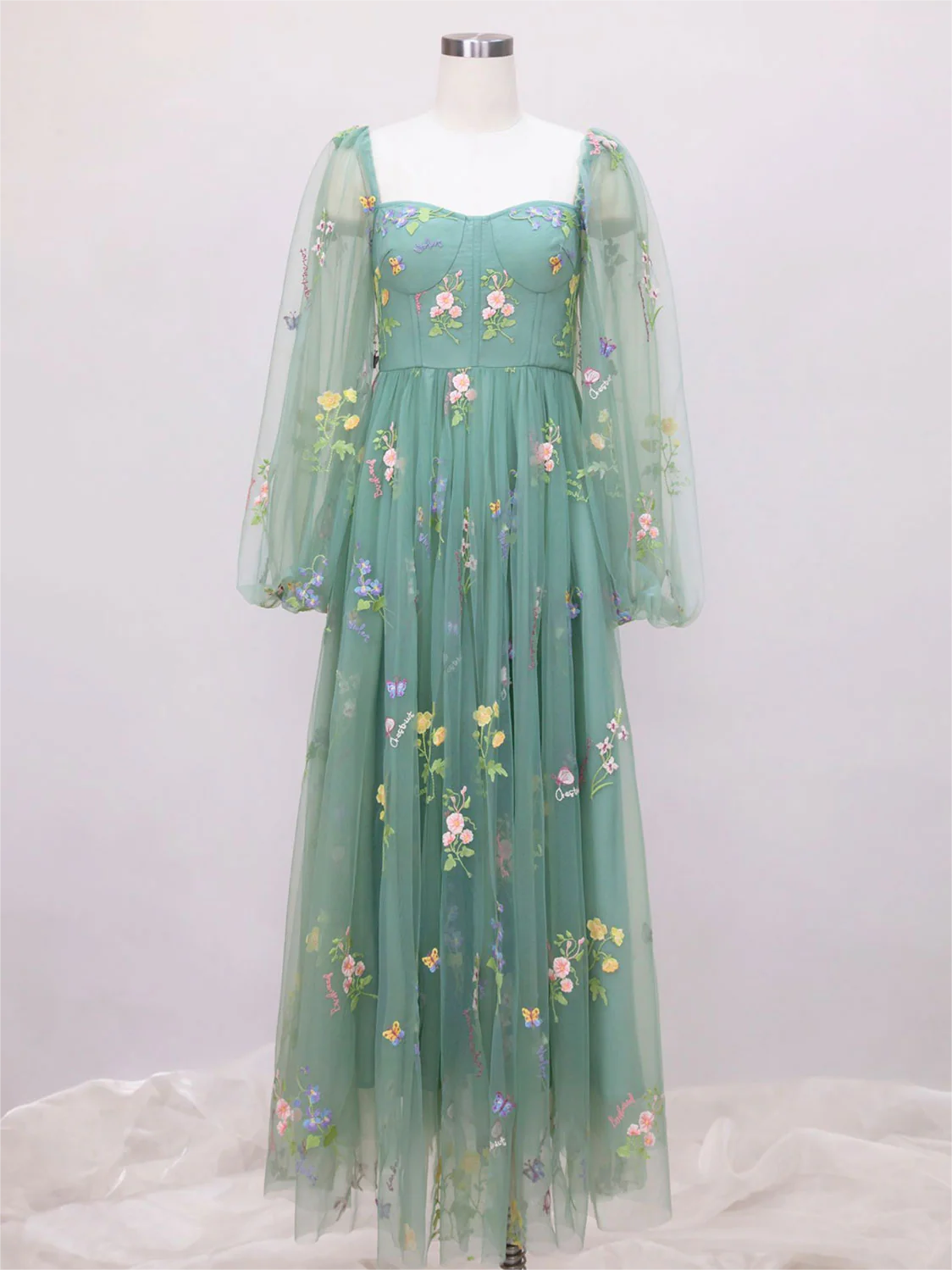 Dark Green A-line Beaded Long Party Dress, Sweetheart Tulle Green Prom Dress