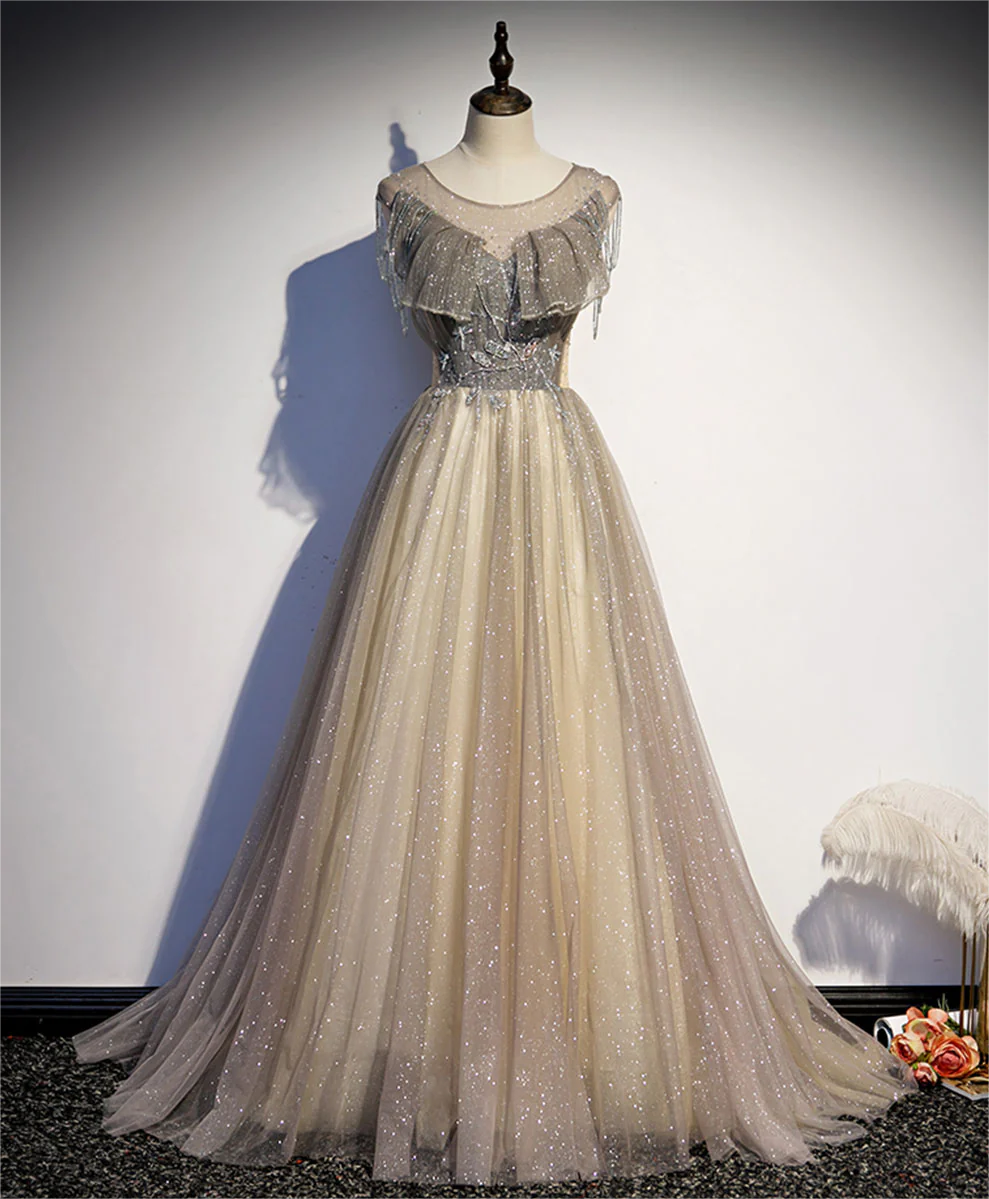 Champagne Round Neck Sequin Long Prom Dress Tulle Formal Dress on Luulla